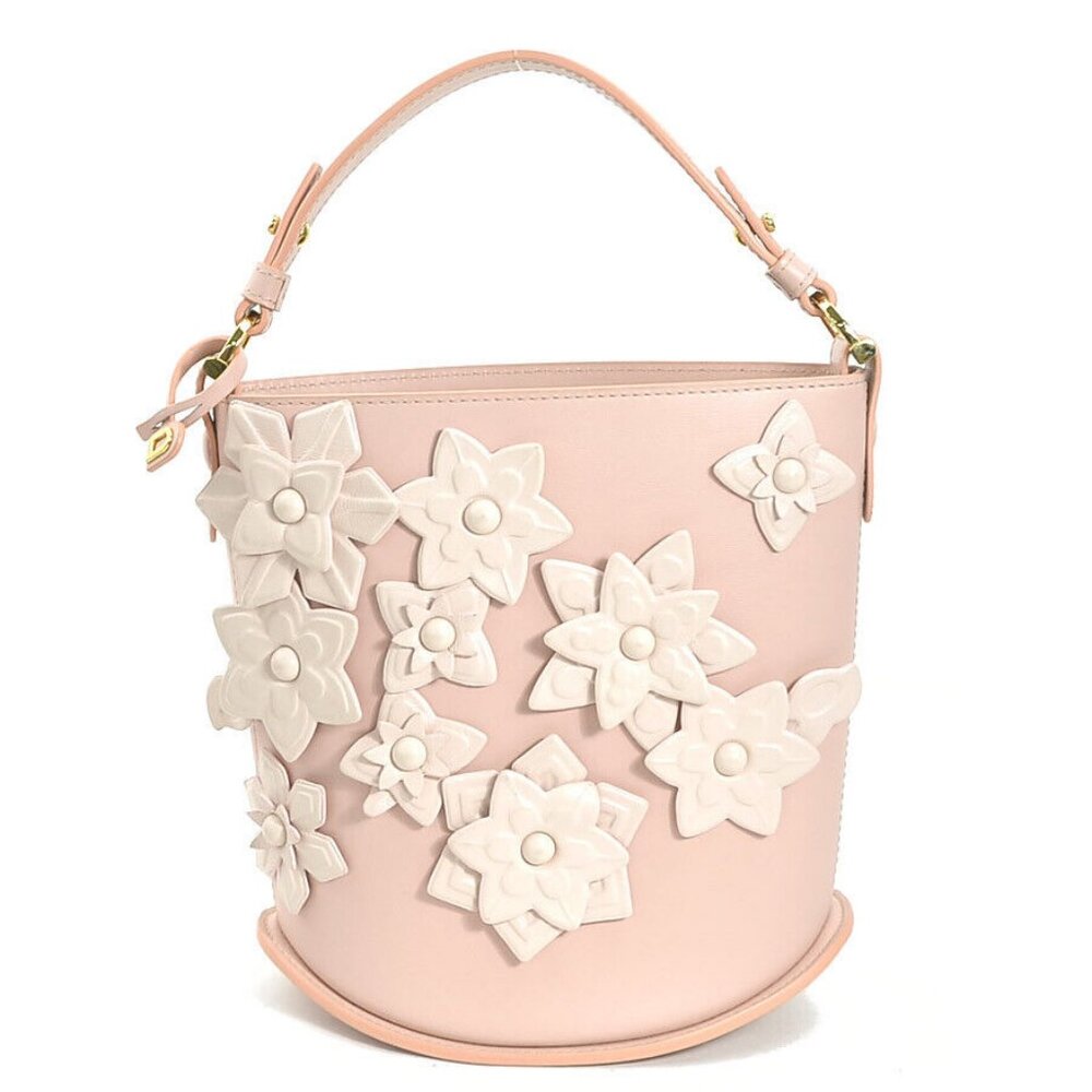 Auth DELVAUX Mini Bucket Flower Handbag Pink Leather